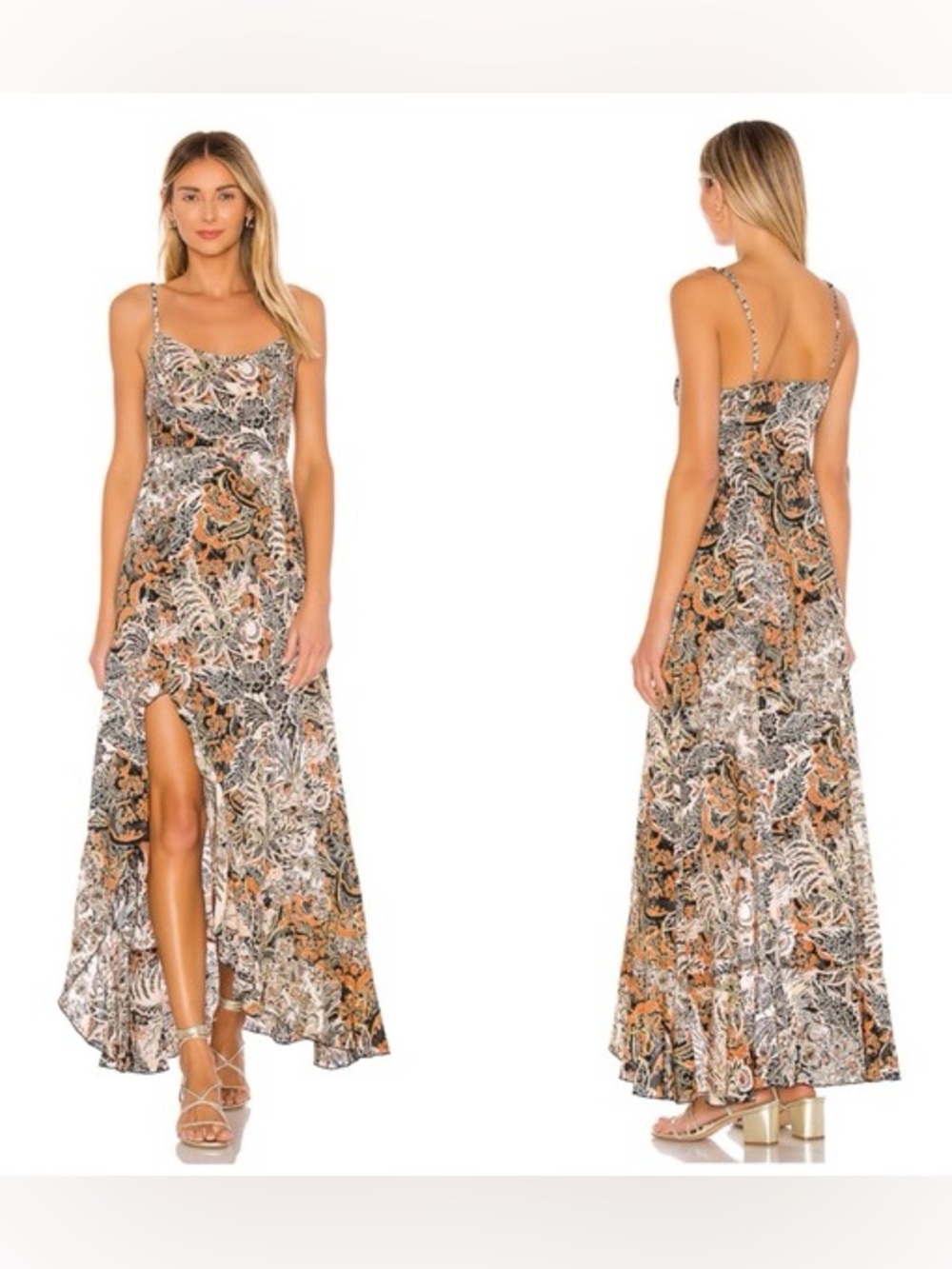 Free People Paisley-Print Spaghetti Strap Maxi Dress in Brown and Cream